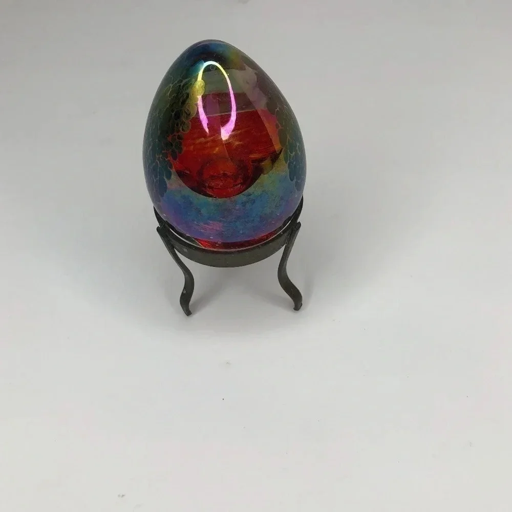 Iridescent Studio Art Glass Egg on Stand, Paperweight